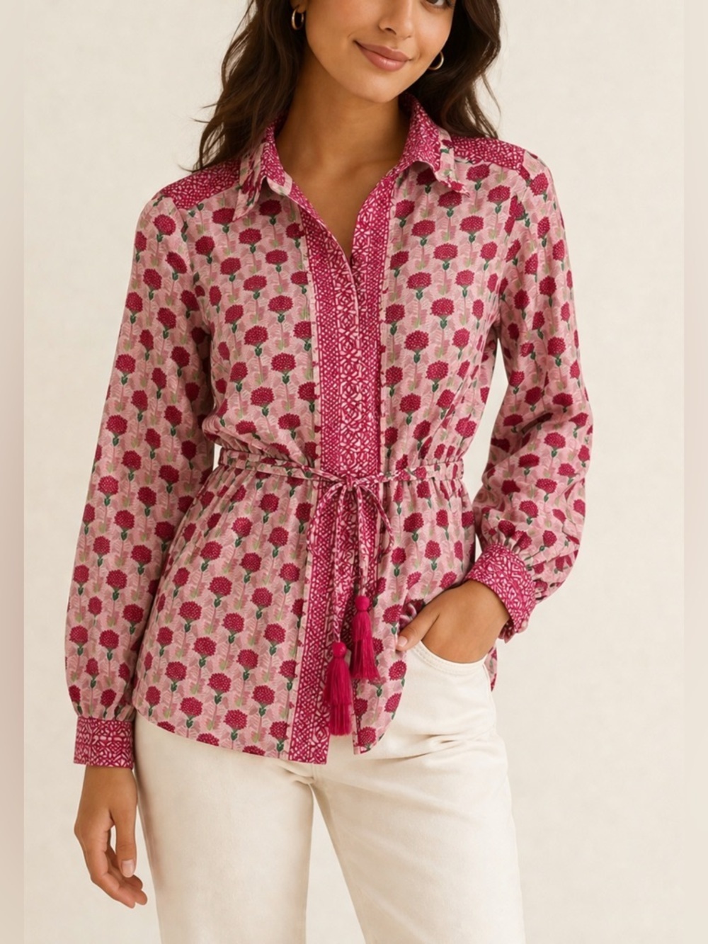 Etcetera Pink Floral Tie Waist Blouse | Long Sleeve Button Front Top 2